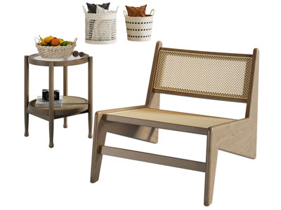 现代休闲椅子 边几 编织收纳筐