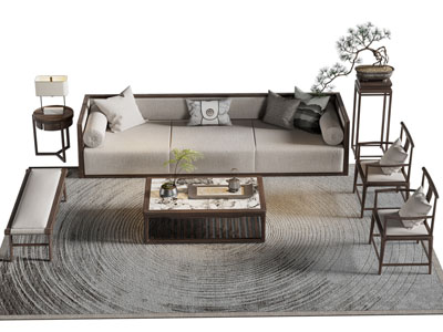 新中式多人沙发 休闲椅子和茶几组合