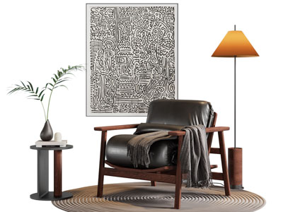 现代中古风休闲椅子 边几 挂画