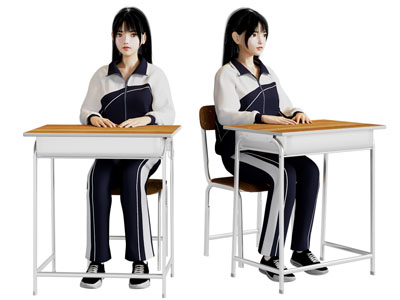 现代学生书桌 课桌椅组合3d模型 现代学生书桌 课桌椅组合