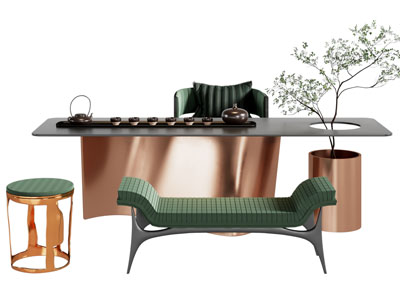 新中式长方形茶桌椅组合