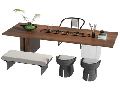 新中式长方形茶桌椅组合