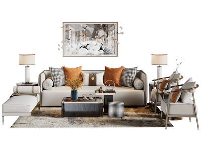 新中式多人沙发 休闲椅子 贵妃椅和茶几组合