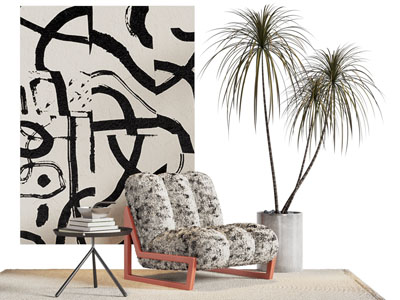 现代单人沙发 边几 挂画