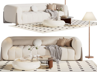 现代奶油风多人沙发 落地灯和茶几组合