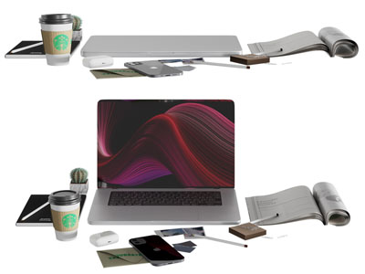 现代笔记本电脑 书本 手机 桌面摆件