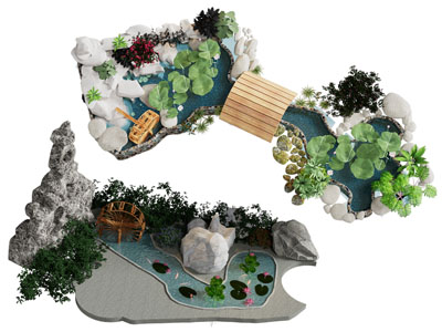 新中式荷花池 石头 木桥景观园艺小品