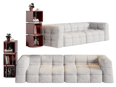 现代奶油风多人沙发 边柜3d模型 现代奶油风多人沙发 边柜