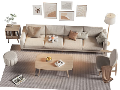 北欧多人沙发 休闲椅子和茶几组合 挂画