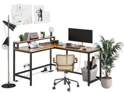 现代转角书桌椅组合 落地灯3d模型 现代转角书桌椅组合 落地灯