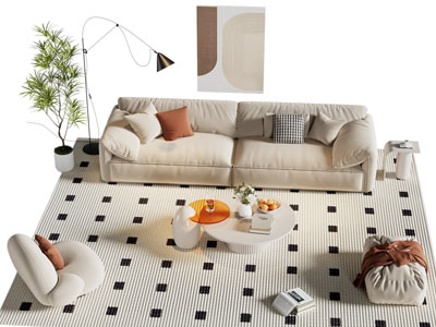 现代奶油风双人沙发 单人沙发和茶几组合