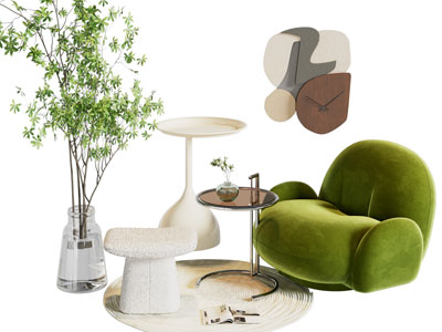 现代单人沙发 边几 脚踏 花瓶花卉