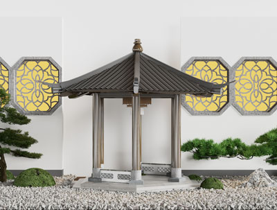 新中式景观墙面 八角亭子 石子景观园艺小品