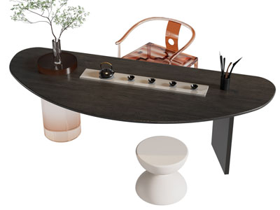 新中式椭圆形茶桌椅组合