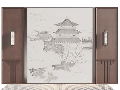 新中式床头背景墙3d模型 新中式床头背景墙