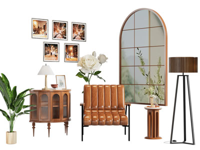 现代中古风玄关柜 休闲椅子 边几 落地灯3d模型 现代中古风玄关柜 休闲椅子 边几 落地灯