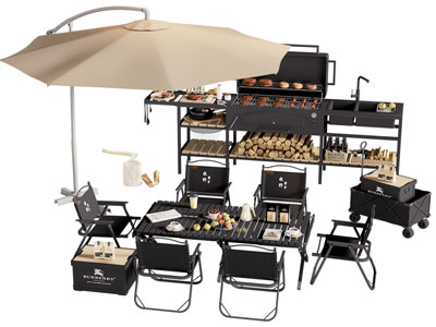 现代遮阳伞 户外烧烤炉 可折叠餐桌椅组合