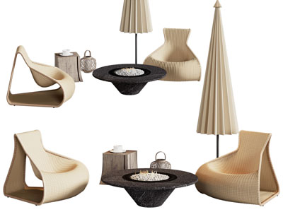 现代户外编织单人沙发 篝火盆 边几