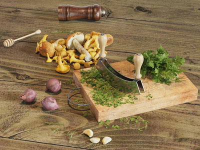 现代砧板 大蒜 蘑菇 洋葱