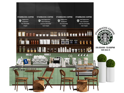 现代中古风咖啡厅吧台 装饰柜 餐桌椅组合