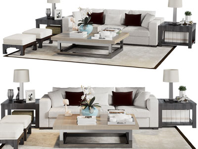 现代布艺多人沙发 沙发凳和茶几组合