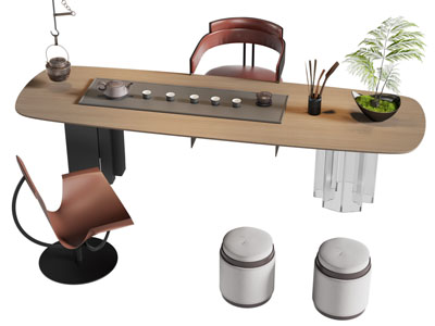 新中式椭圆形茶桌椅组合