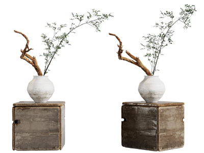 侘寂风木质角几 花瓶花卉摆件组合