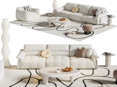 现代奶油风多人沙发 单人沙发和茶几组合