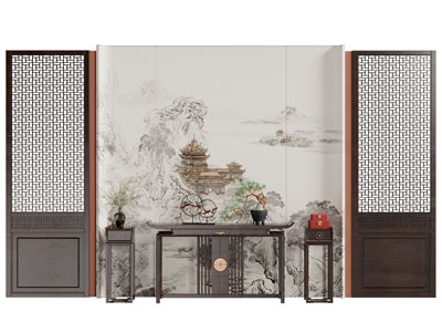 新中式端景台 边几 背景墙3d模型 新中式端景台 边几 背景墙
