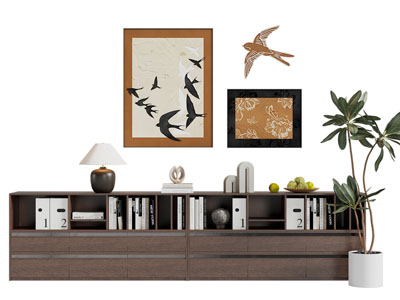 现代中古风书柜 挂画