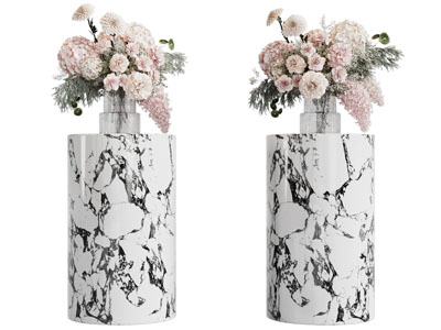 现代大理石圆几 玻璃花瓶花卉