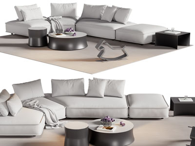 现代转角多人沙发 边几和茶几组合3d模型 现代转角多人沙发 边几和茶几组合