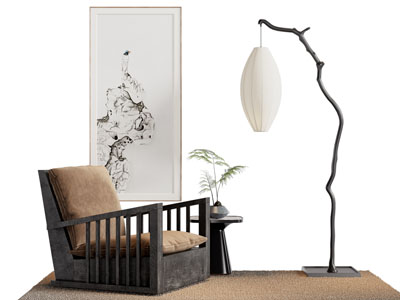 新中式单人沙发 落地灯