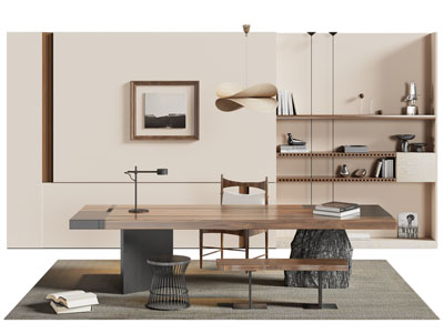 现代长方形实木书桌椅组合3d模型 现代长方形实木书桌椅组合