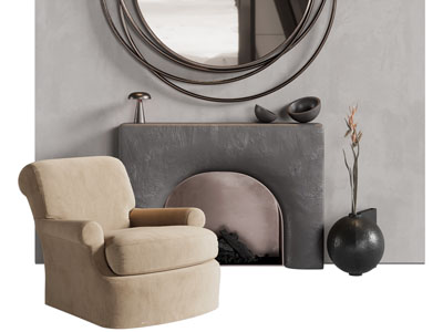 现代布艺单人沙发 壁炉火炉