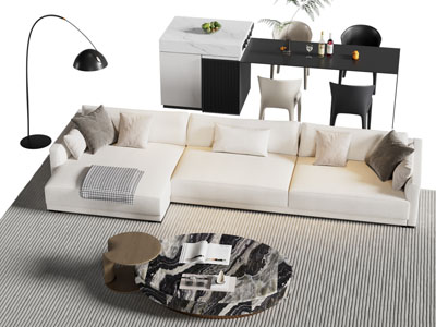 现代转角多人沙发 餐桌椅组合3d模型 现代转角多人沙发 餐桌椅组合