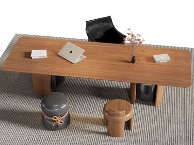 现代长方形实木书桌椅组合3d模型 现代长方形实木书桌椅组合