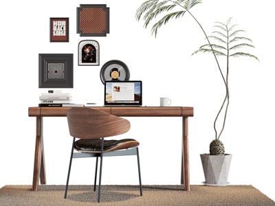 现代中古风书桌椅组合 挂画3d模型 现代中古风书桌椅组合 挂画