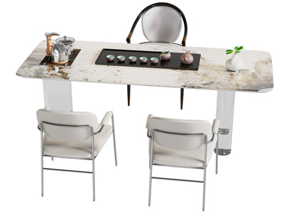 现代长方形大理石茶桌椅组合