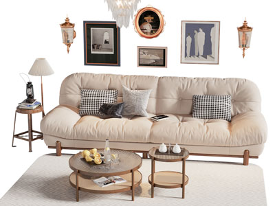 现代奶油风多人沙发 边几和茶几 挂画