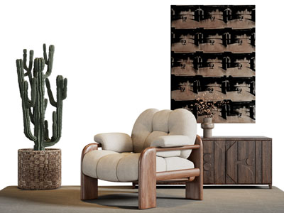 现代中古风单人沙发 边柜 装饰挂画