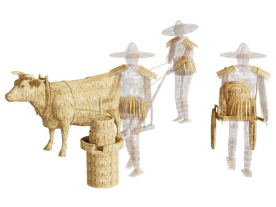 现代农村草牛 稻草人美陈 摆件组合