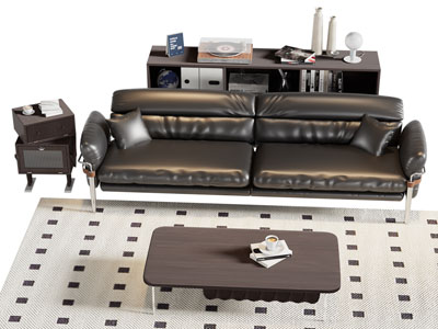 现代皮质双人沙发 边柜 边几和茶几组合