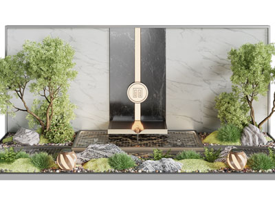 新中式庭院景观墙 水池 树木景观园艺小品