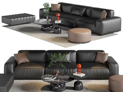 法式真皮多人沙发 沙发凳子和茶几组合