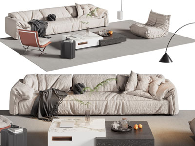 现代奶油风多人沙发 懒人沙发和茶几组合