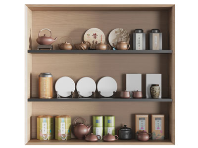 现代茶饼 茶罐 茶壶 置物柜 摆件组合