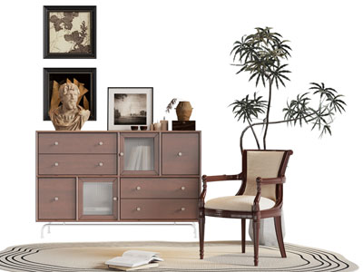 现代中古风玄关柜 边柜 休闲椅子 挂画3d模型 现代中古风玄关柜 边柜 休闲椅子 挂画