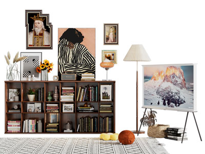 现代中古风装饰书柜 电视机 挂画