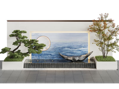新中式景墙 松树 水景景观园艺小品